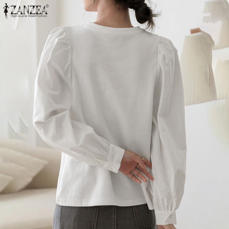 Áo sơ mi ZANZEA cổ tròn tay dài phồng màu trơn thời trang dành cho nữ