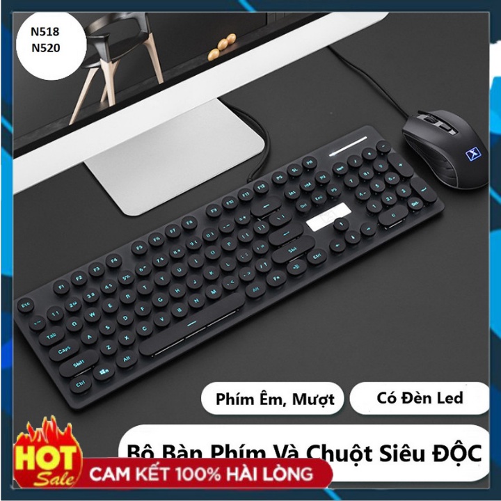 Bàn Phím Không Dây N520 Và Bàn Phím Có Dây N518 Tặng Kèm Chuột Không Dây Chống Tràn Nước