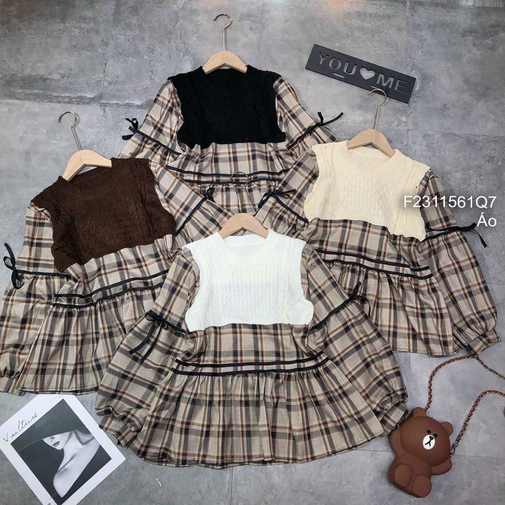 Set áo kẻ sọc phối chữ ngực tay hến lật phối đầm yếm xẻ tà trước một dây vai Shop TOMMIU90