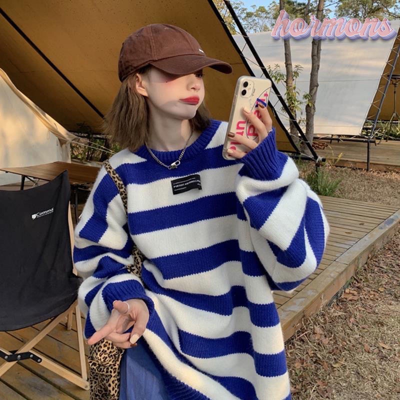 Áo sweater dệt kim kẻ sọc phong cách Hàn Quốc thời trang xuân thu 4 màu tùy chọn