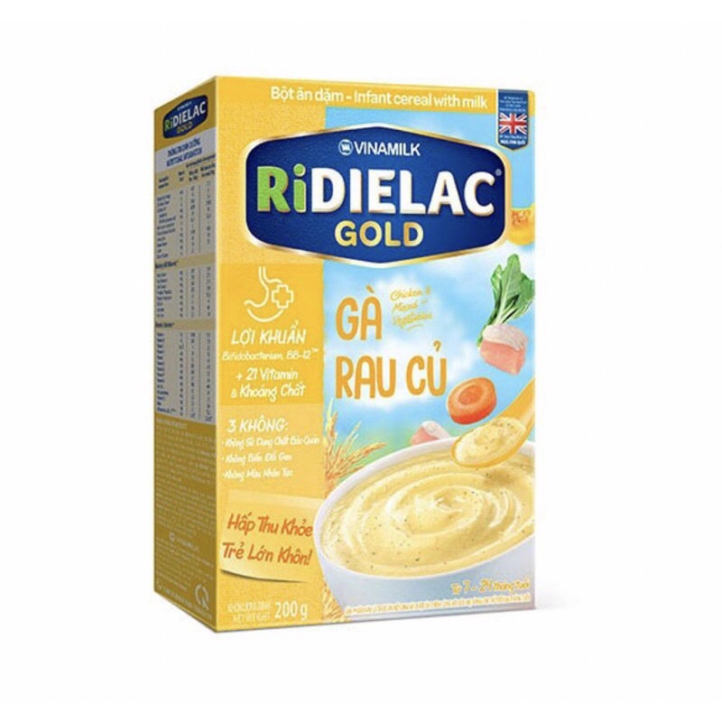 Bột Ăn Dặm Ridielac Gold Gà Rau Củ/ heo bó xôi/ yến mach sữa/ vị ngọt/ gạo và trái cây/ cá hồi bônh cải xanh/vị mặn 200g