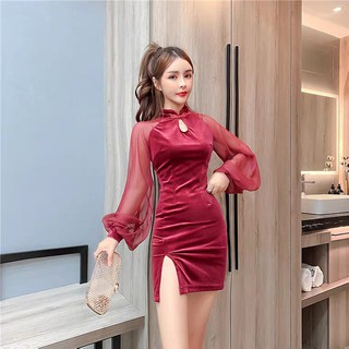 Đầm Sườn Xám Nhung Đỏ Tay Phồng Dáng Ôm 40-70kg