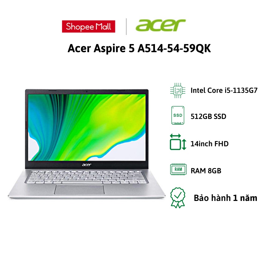 Máy tính xách tay laptop Acer Aspire 5 A514-54-59QK (i5-1135G7, 8GB, 512GB, 14' FHD)