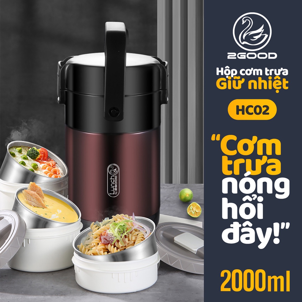Bộ Hộp Cơm Giữ Nhiệt 2GOOD Lunch Box HC02  túi xách và quai xách đi kèm, tặng kèm muỗng và đũa inox