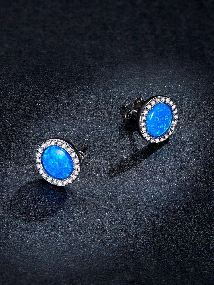 Khuyên Tai Bamoer Bse467 Bạc Thật 925 Đính Đá Opal Cz Tròn Xanh Lam Thời Trang Cưới Cho Nữ