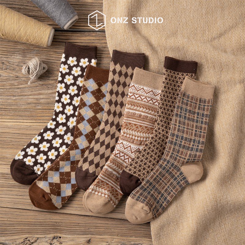 Vớ cotton ONZ Studio - SET 6 - Tất chân nam nữ cổ cao mềm mịn co giãn phong cách vintage TA05