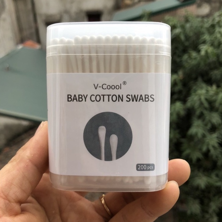 Tăm bông cho bé hiệu Vcoool [200que/1 hộp], 1 đầu giọt nước, 1 đầu dẹt đa chức năng Bunakids AT07