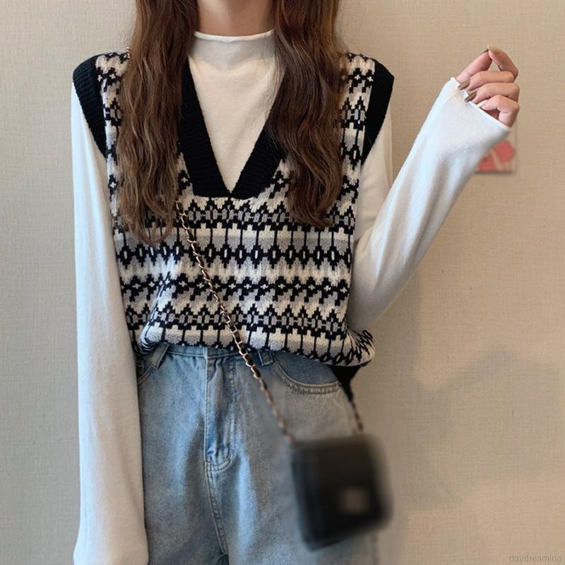 Áo Tank Top Dệt Kim Cổ Chữ V Phong Cách Retro Thời Trang Xuân Thu Cho Nữ