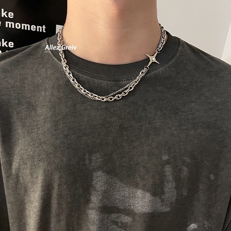 Vòng cổ 2 lớp Stainless Steel phối dây xích mặt ngôi sao 4 cánh đính đá - Dây chuyền Titan Nam Trending