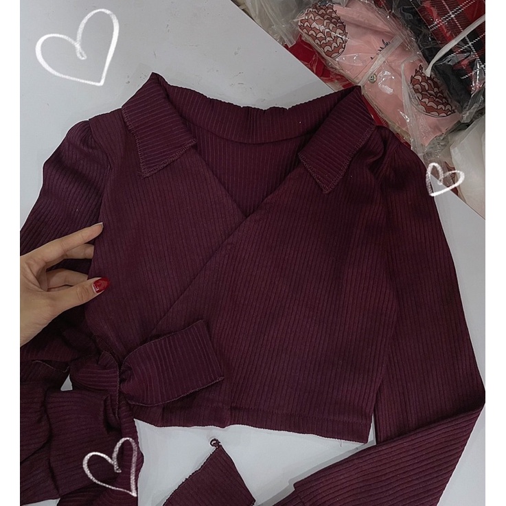 áo  lcrop top cổ bẻ cột nơ đắp chéo phong cách hàn quốc siêu xinh