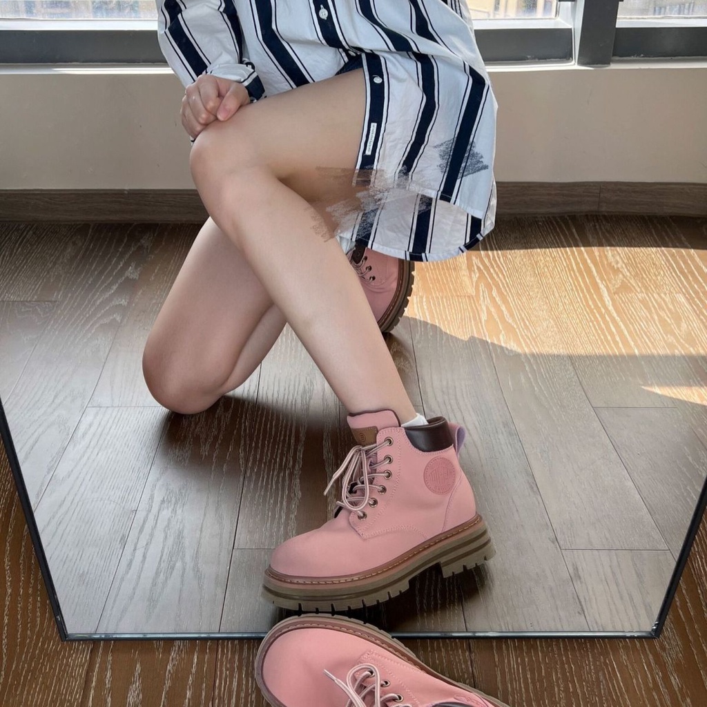 Giày Bốt Martin Đế Dày Cổ Cao Mũi Tròn Màu Hồng Thời Trang Cho Nữ