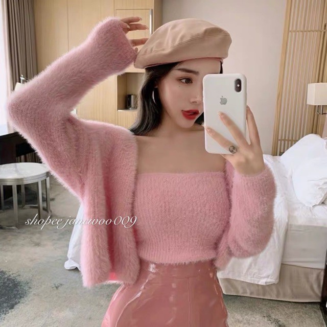 JANE Set áo quây + áo khoác croptop Bông màu Hồng Pastel mẫu mới thu đông 2020 R42