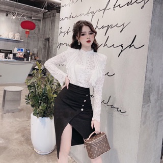 Set áo thô hoa đốt + chân váy xẻ tà