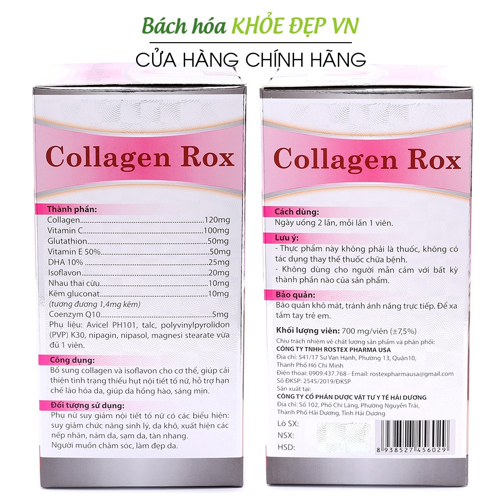 Viên uống đẹp da Collagen Rox, Vitamin E C chống lão hóa, nếp nhăn - Hộp 60 viên