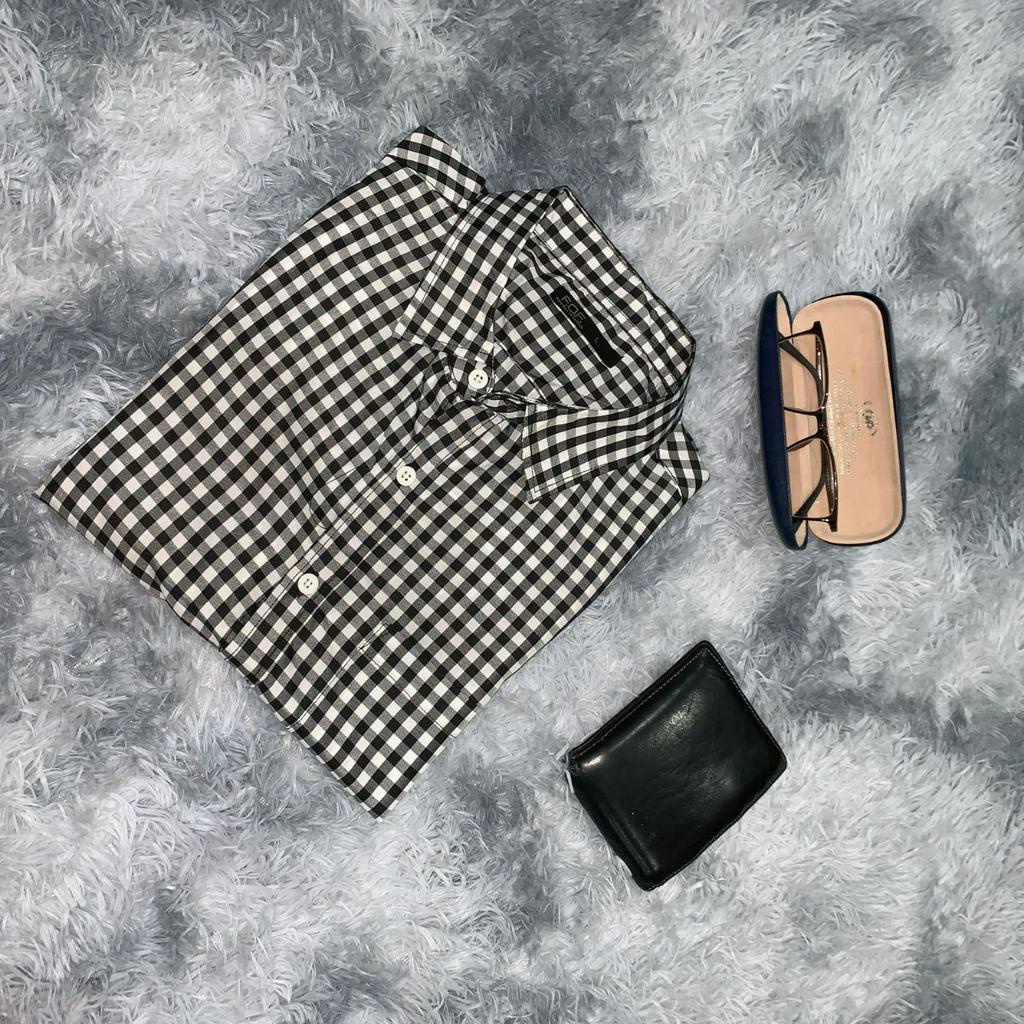 Áo Sơ Mi Nam Ngắn Tay Công Sở, Chất Vải Lanh Thoáng Mát Hoạ Tiết Caro Đen Trắng Sọc To