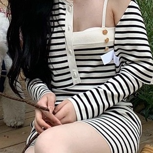 Set áo cardigan dệt kim tay dài và đầm hai dây ôm dáng ZHELIHANGFEI họa tiết kẻ sọc thời trang quyến rũ cho nữ