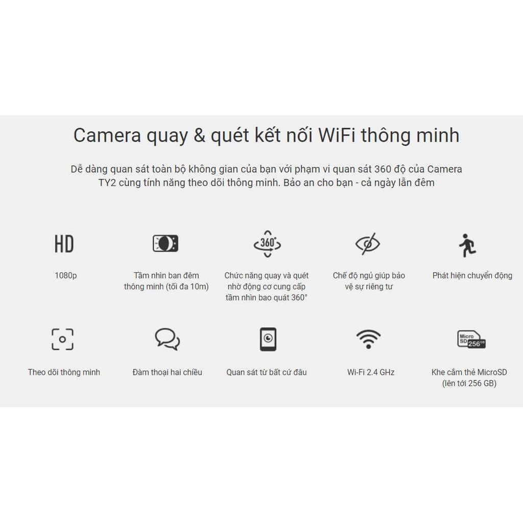 Camera Wifi Ezviz Ty2, chính hãng, full HD 1080P 2MP, xoay 360 độ, đàm thoại 2 chiều, bảo hành 24 tháng