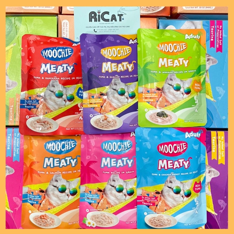 Pate MOOCHIE Meaty cho Chó/ Mèo Nội địa Thái Cá Ngừ Tươi Mix Topping Gói 70g