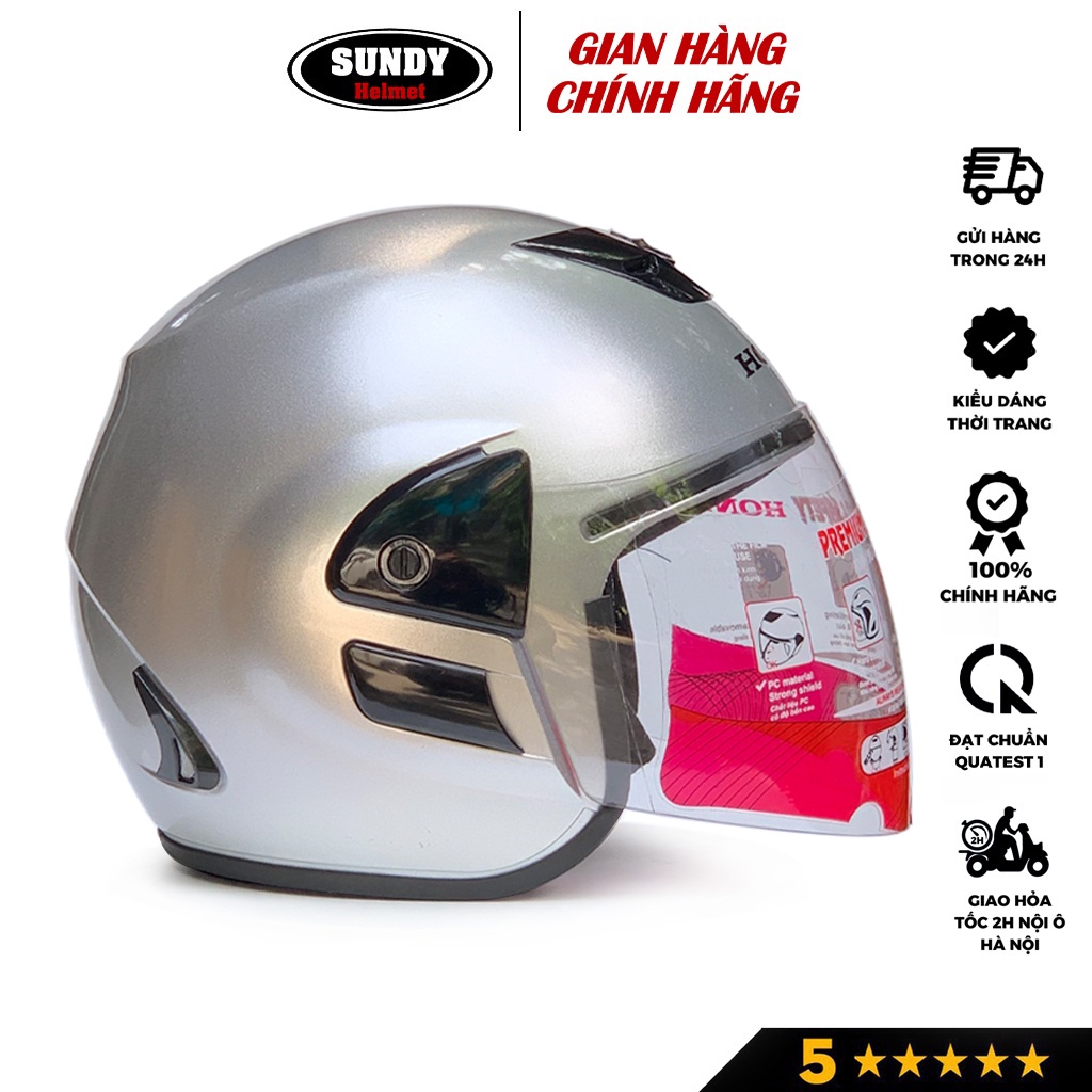 Mũ bảo hiểm 3/4 chụp tai GRO HP0K, nón kiểu dáng Honda có kính dài che cả mặt, size 56-58cm