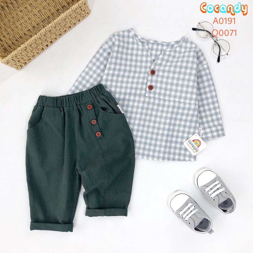 Set đồ cho bé -Áo caro Xanh dương dài tay và Quần đũi XANH cúc lệch cho bé của COCANDY mã A0191, Q0071