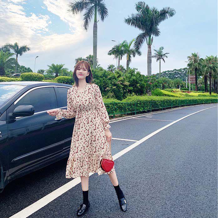 Đầm Nữ Dài Tay Cổ Chữ V In Hoa Thời Trang Hàn