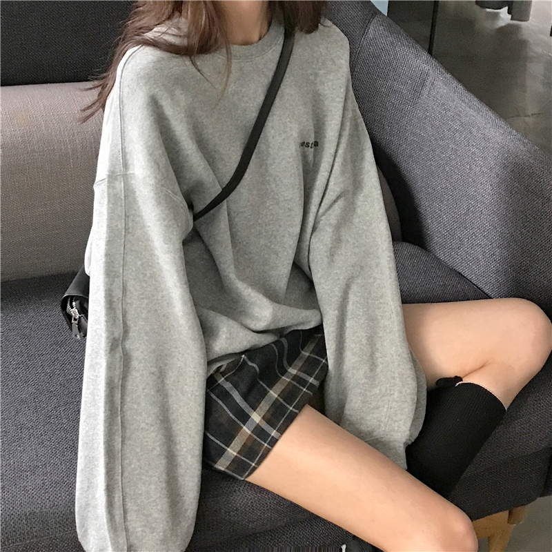 áo nỉ sweater tay dài màu trơn dáng rộng phong cách Hàn Quốc trẻ trung