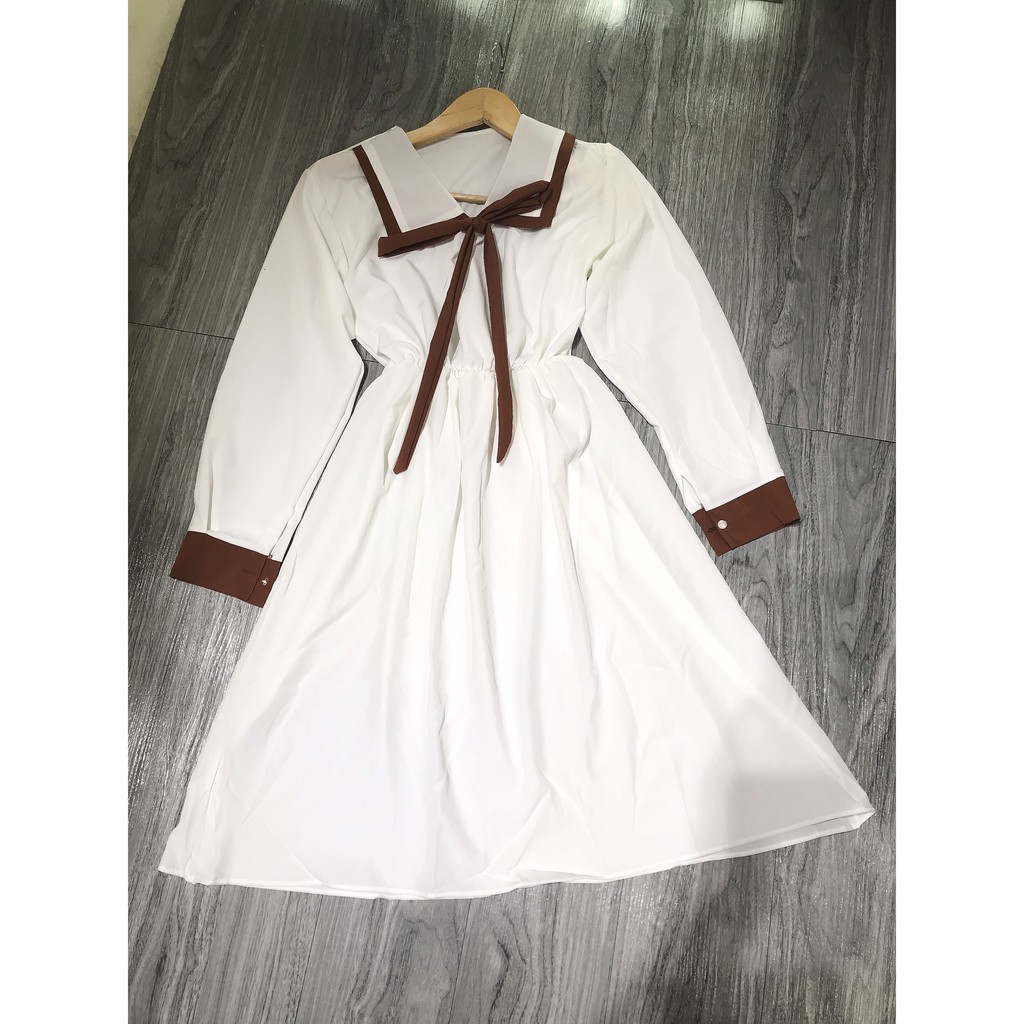 Váy babydoll nữ cổ bẻ phối nơ dáng suông phong cách vintage dễ thương/ Đầm thu đông dáng dài qua gối ulzzang trẻ trung