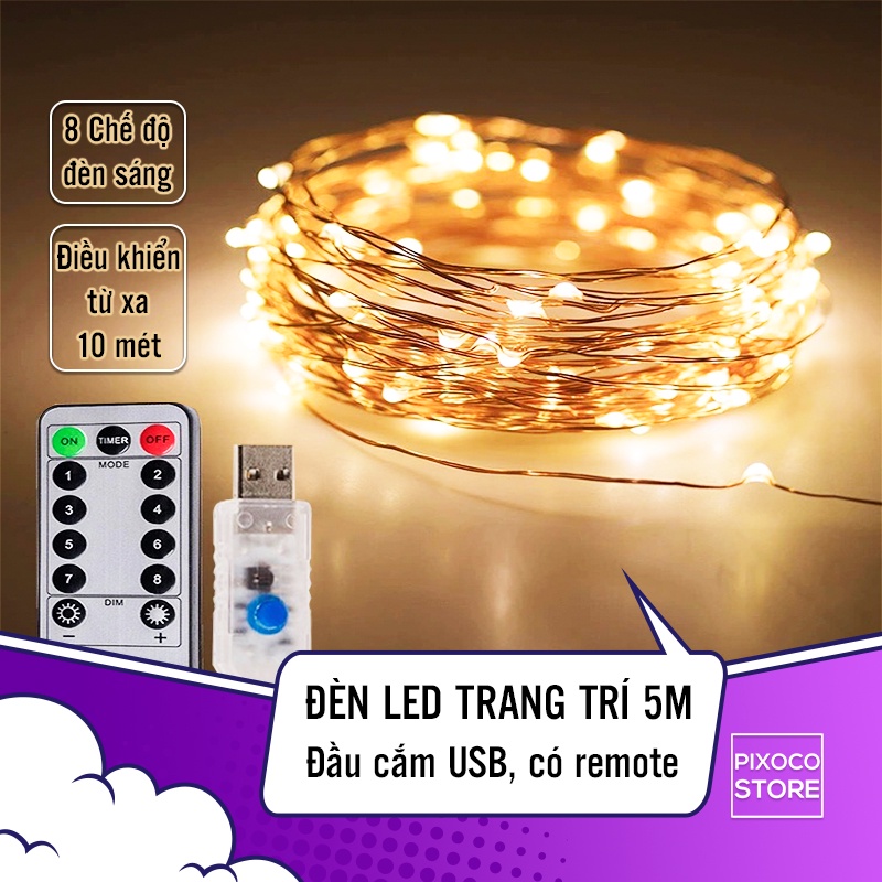 Đèn led dây trang trí phòng ngủ dùng USB, điều khiểu từ xa, dây đèn đom đóm Fairy Light 8 chế độ sáng