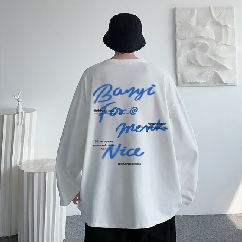 Áo Thun Tay Dài Cổ Tròn Dáng Rộng In Chữ Phong Cách Hip Hop Đường Phố Cho Nam Cỡ M-5XL