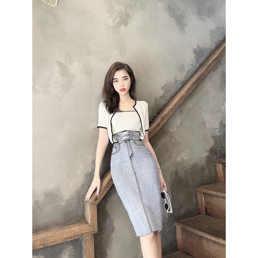 LEVA LUXURY - Chân váy jean chữ A dáng dài 2 khuy cài cao cấp