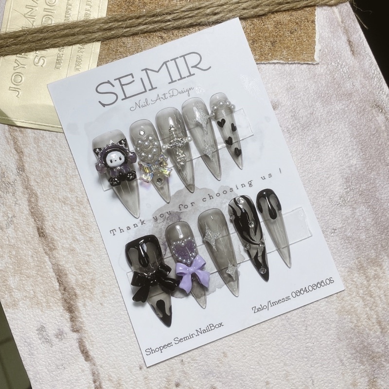 Nail Box Móng úp thiết kế theo yêu cầu tone thạch đen đính charm kuromi, charm búp bê, charm nơ cá tính TUE210