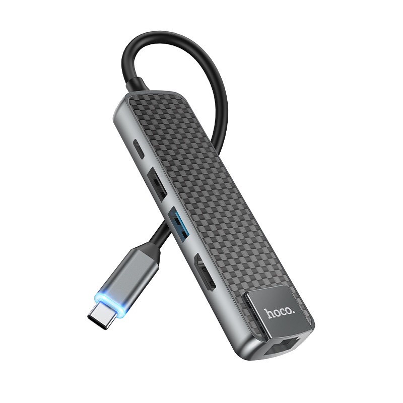 Cáp Chuyển Hub Hoco HB23 5 in 1 Type C Ra 3 Usb 3.0 + HDMI 4k+ Mạng Lan Và Cổng Sạc PD 65W