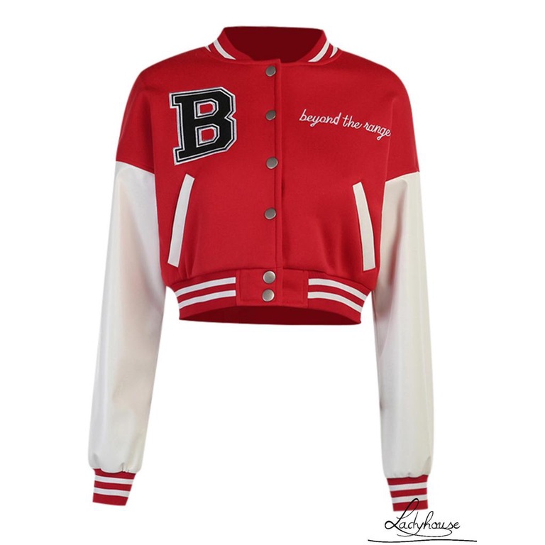 Áo khoác da lửng tay dài dáng rộng thêu chữ cá tính cho nữ