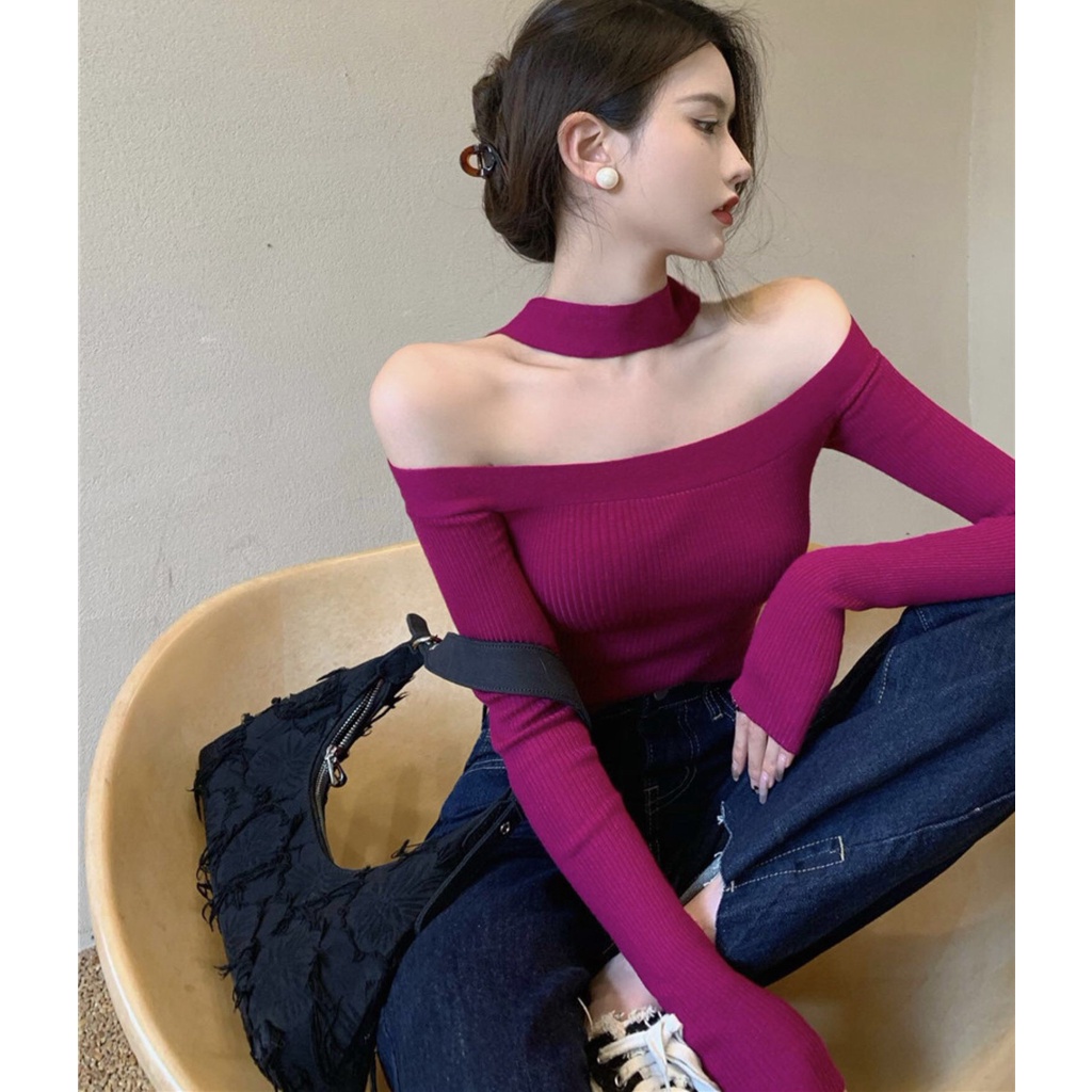 Áo len nữ Hàn Quốc dài tay đẹp giá rẻ trễ vai quyến rũ ALN007