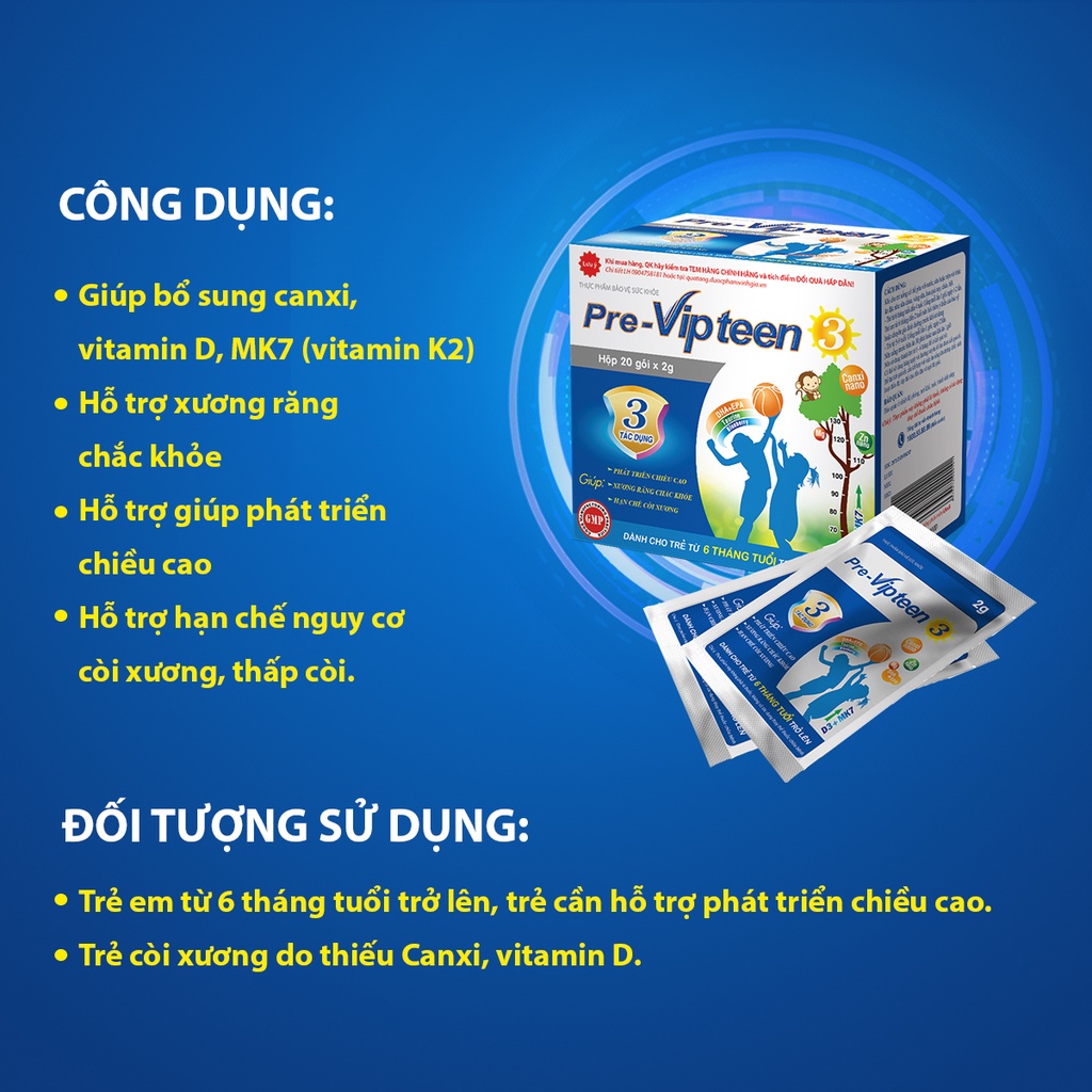 Cốm Bổ Sung Canxi Tăng Chiều Cao Pre-Vipteen 3 Dành Cho Trẻ Từ 6 Tháng Tuổi Hộp 20 Góí