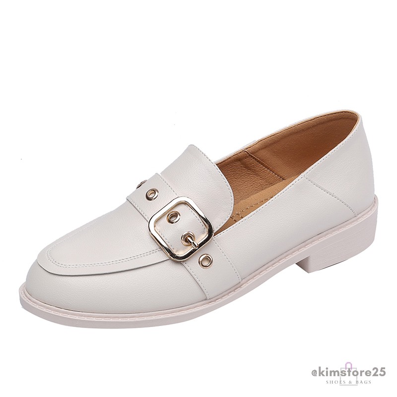 Giày Da Nữ Oxford Kiểu Anh Hai Màu Trắng Đen Mũi Tròn, Giày Lười Loafer Đế Bằng Thời Trang | BigBuy360 - bigbuy360.vn