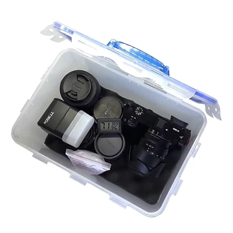 Combo hộp chống ẩm có tay cầm và ẩm kế, 100gram hạt hút ẩm xanh cho máy ảnh, máy quay phim - dung tích 7.7 lít