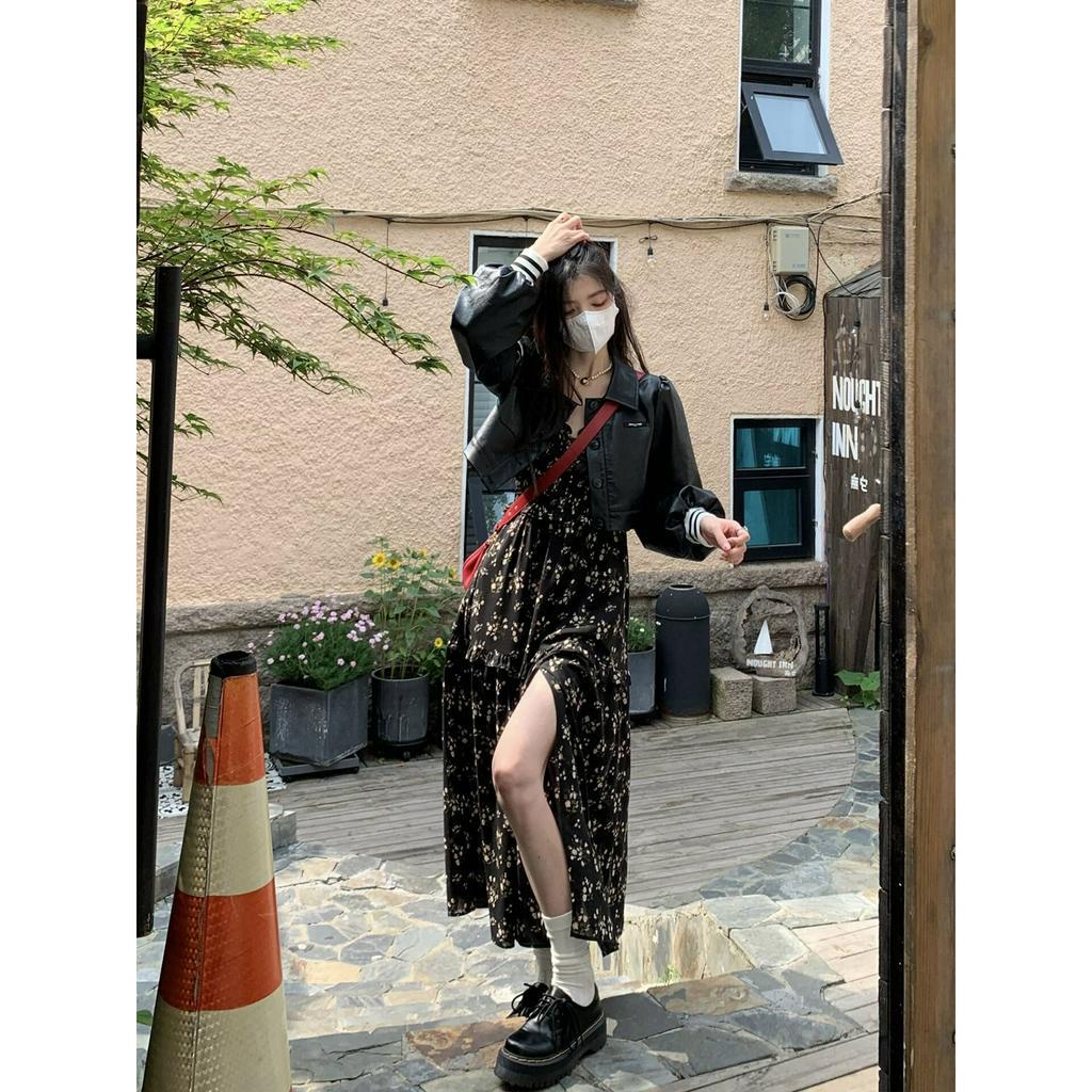 Xiaozhainv Đầm Dài Hai Dây Xẻ Tà Họa Tiết Hoa Nhẹ Nhàng Kiểu Pháp Cho Nữ