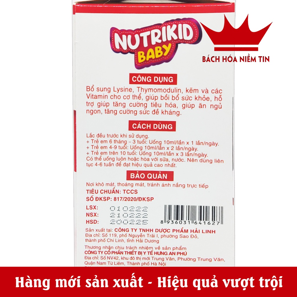 Siro tăng đề kháng cho bé NutriKid Baby- Bổ sung kẽm, thymomodulin và các vitamin giúp tiêu hóa khỏe, bé ăn ngon
