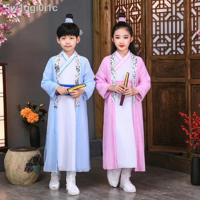 Biểu diễn Hanfu mới của trẻ em Fushutong Đồng phục học sinh Trung Quốc cho nam và các cô gái, quần áo ngâm thơ, si