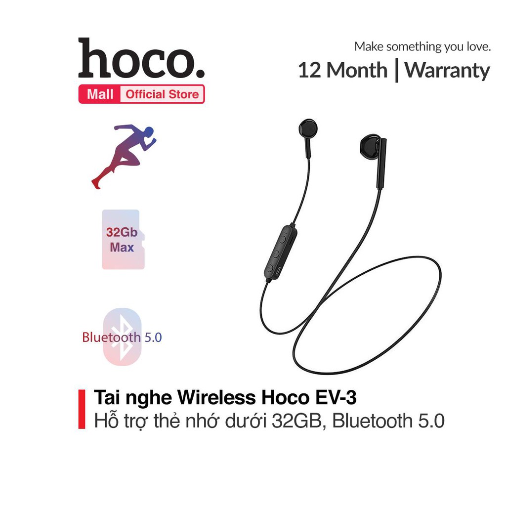 Tai nghe thể thao Hoco EV-3 Wireless, Bluetooth 5.0, hỗ trợ thẻ nhớ dưới 32Gb, nghe nhạc liên tục 4,5 giờ