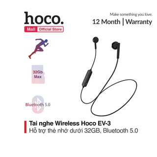Tai nghe thể thao Hoco EV-3 Wireless, Bluetooth 5.0, hỗ trợ thẻ nhớ dưới 32Gb, nghe nhạc liên tục 4,5 giờ
