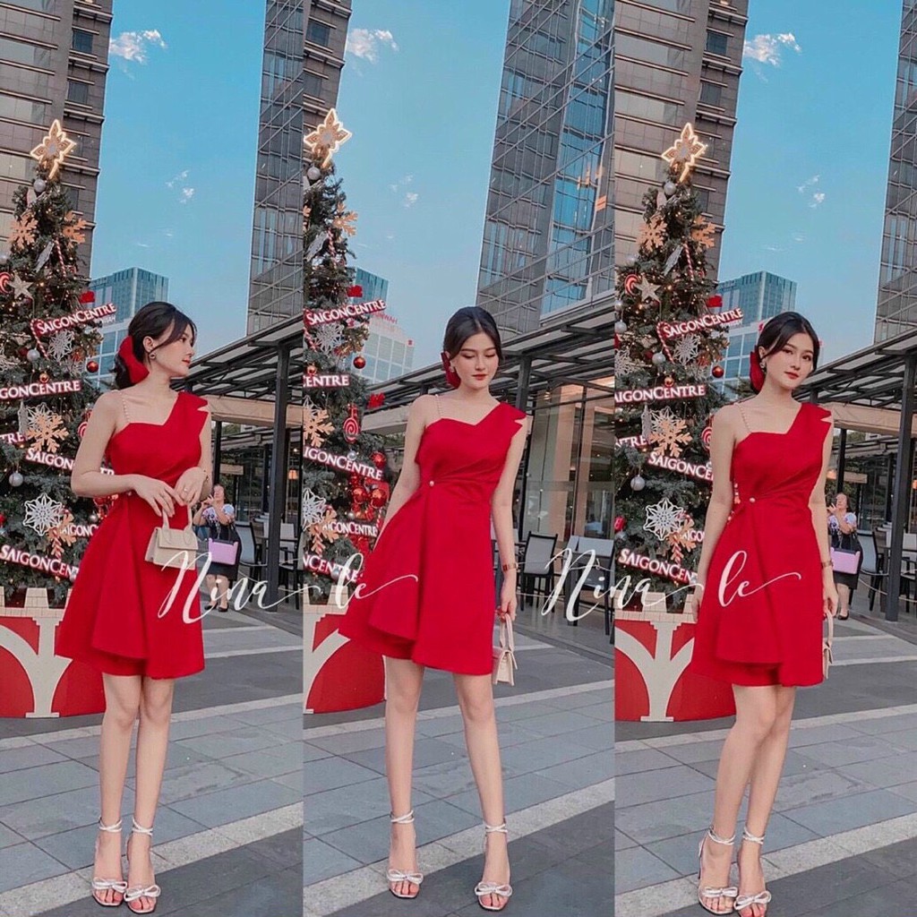 Đầm xòe lệch vai dây cườm bèo eo kèm mút | BigBuy360 - bigbuy360.vn