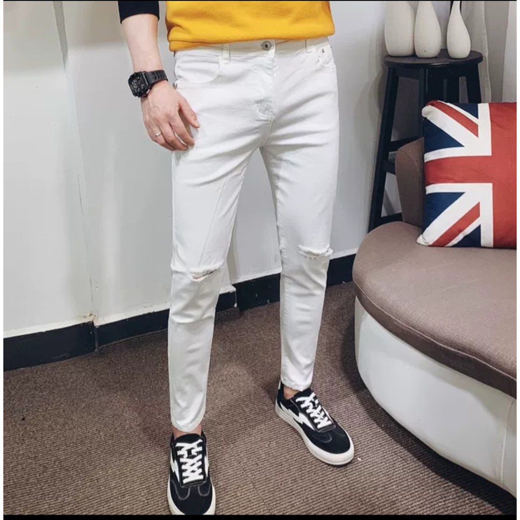Quần Jean Skinny Rách gối In White Unisex