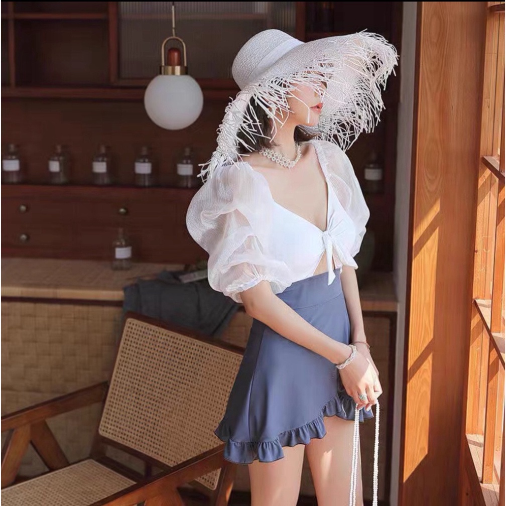 Bikini Đi Biển Nữ Liền Thân LUHAZO Quảng Châu Có tay kín đáo kiểu Hàn Quốc Sang Chảnh Bánh bèo