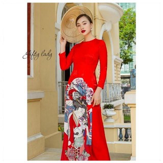 Áo Dài Tết Màu Đỏ In Hoạ Tiết Cô Gái, Áo Dài Truyền Thống Nữ Cổ Tròn Vải Gấm Cao Cấp Có Nhiều Size, Đường May Tôn Dáng
