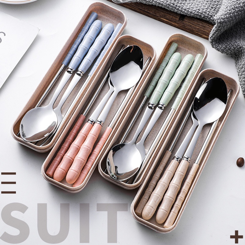 Bộ 3 món Muỗng, Đũa, Nĩa, INOX 304 đựng trong hộp nhựa nhỏ, gọn