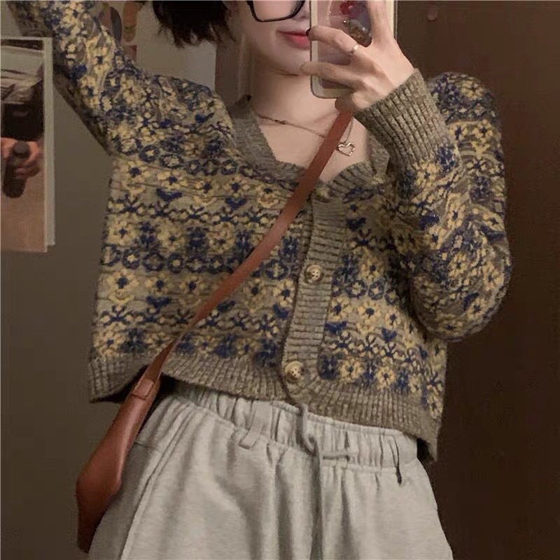 Áo cardigan len thổ cẩm áo len hoạ tiết cổ vuông kiểu dáng vintage cổ điển ( có ảnh thậ