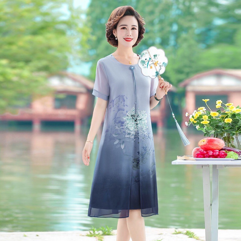 Đầm voan trung niên nữ cao cấp, hoạ tiết hoa chìm trẻ trung, màu sắc sang trọng, quý phái NV0695