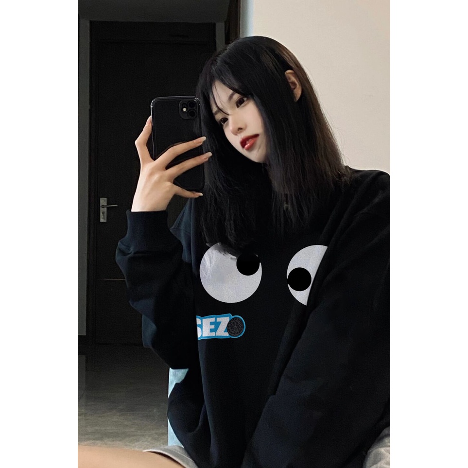 SELVZE Áo sweater tay dài cổ tròn dáng rộng vải cotton in họa tiết thời trang cao cấp